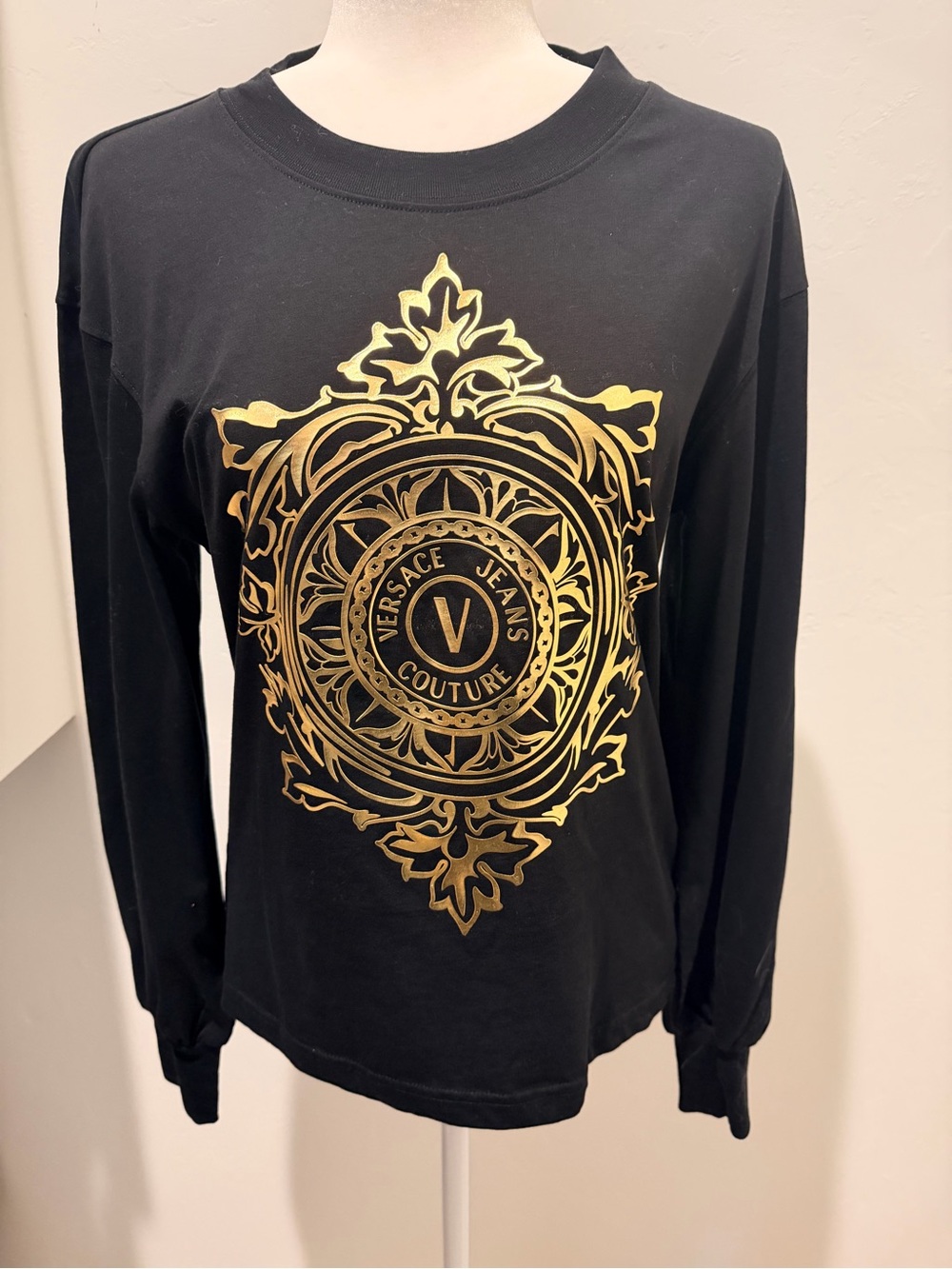 Versace Jeans Collection Black Long-Sleeve Top with Gold Crest